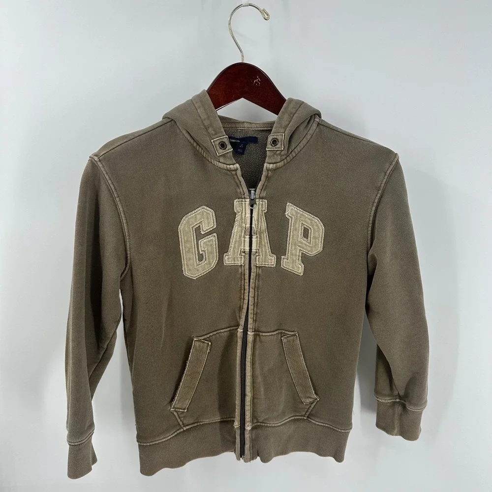Vintage Y2K Gap Retro‎ Grunge Hooded Full Zip Sweatshirt Brown Size S (6-7)
